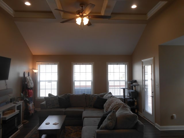 living room with lofted ceiling with beams, coffered ceiling, ceiling fan, and dark hardwood / wood-style floors