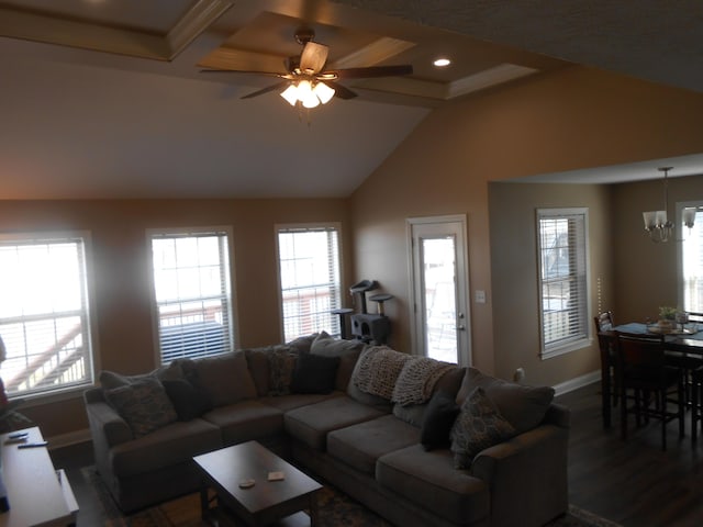 living room featuring coffered ceiling, dark hardwood / wood-style flooring, ceiling fan with notable chandelier, and vaulted ceiling with beams