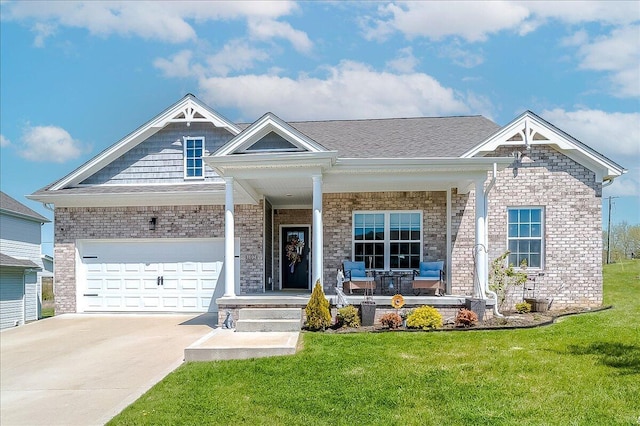 craftsman-style home featuring an attached garage, driveway, a porch, and a front lawn