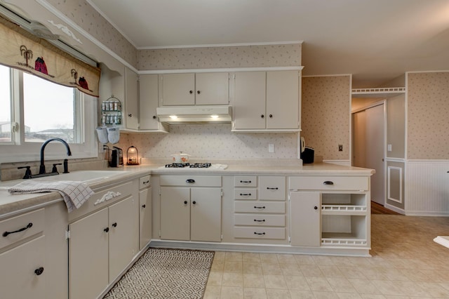 kitchen with white cabinetry, ornamental molding, white gas stovetop, and sink
