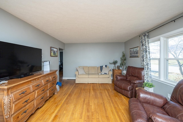 living room with light hardwood / wood-style floors and a textured ceiling