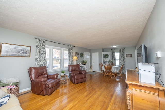 living room featuring wood-type flooring and a textured ceiling