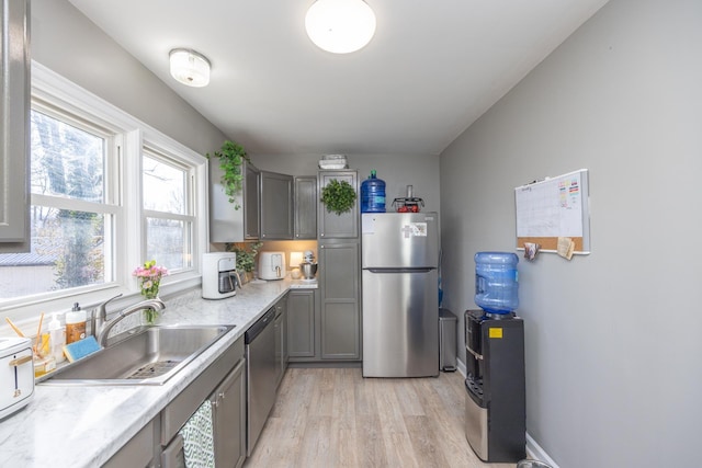 kitchen with gray cabinets, appliances with stainless steel finishes, sink, and light hardwood / wood-style floors