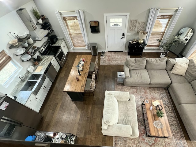 living room featuring dark wood-type flooring