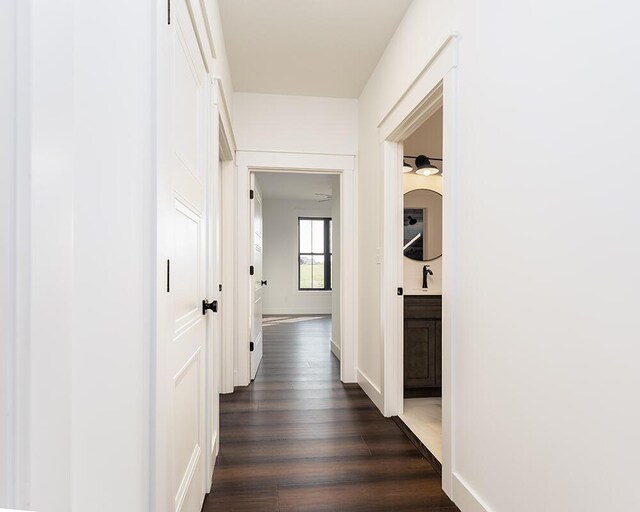 corridor with sink and dark hardwood / wood-style flooring