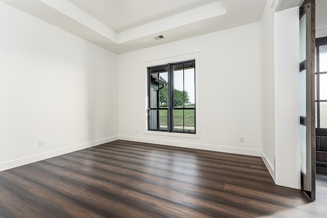 unfurnished room with dark wood-type flooring and a raised ceiling