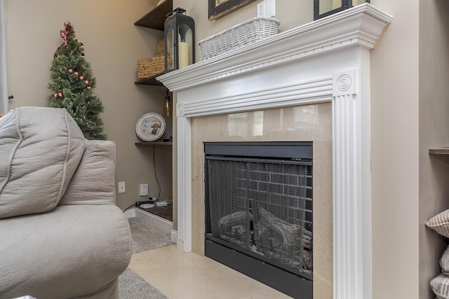 details with a fireplace with flush hearth