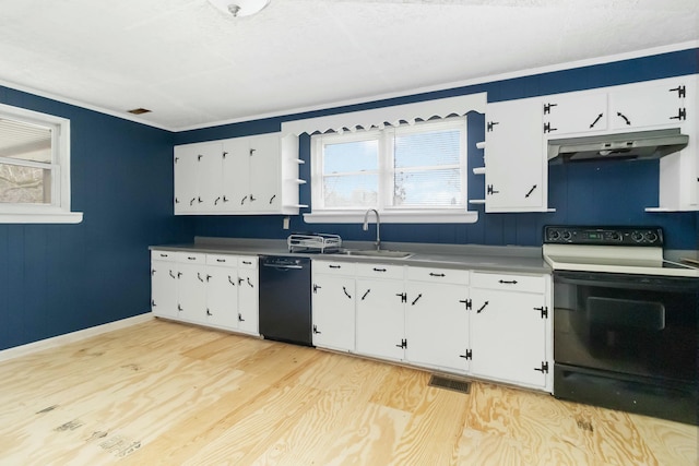 kitchen with electric stove, sink, light hardwood / wood-style flooring, dishwasher, and white cabinets