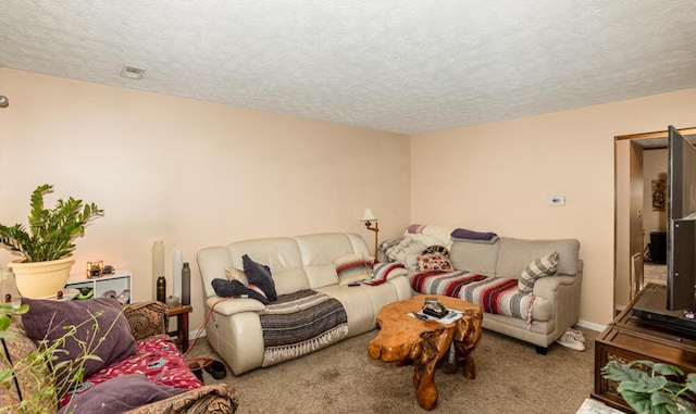 living room featuring carpet floors and a textured ceiling