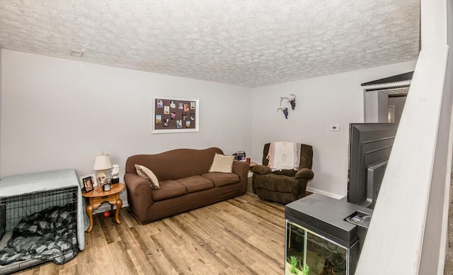 living room featuring hardwood / wood-style flooring and a textured ceiling