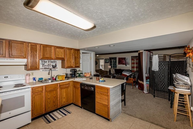 kitchen featuring sink, white electric range, black dishwasher, a textured ceiling, and kitchen peninsula