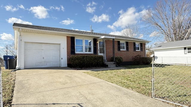 ranch-style house with a garage and a front lawn