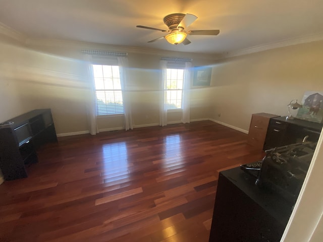 living room with crown molding, ceiling fan, and dark hardwood / wood-style floors