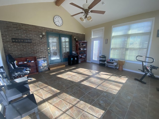 interior space with ceiling fan, high vaulted ceiling, and beamed ceiling