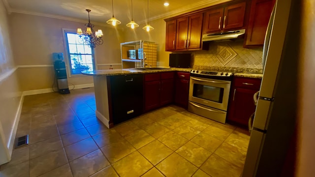 kitchen with stainless steel electric range oven, pendant lighting, sink, fridge, and kitchen peninsula