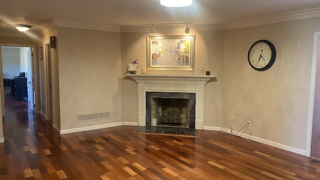 unfurnished living room featuring dark hardwood / wood-style flooring, a fireplace, and ornamental molding