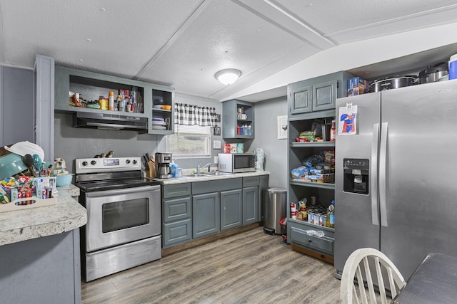 kitchen with gray cabinets, lofted ceiling, sink, hardwood / wood-style flooring, and stainless steel appliances