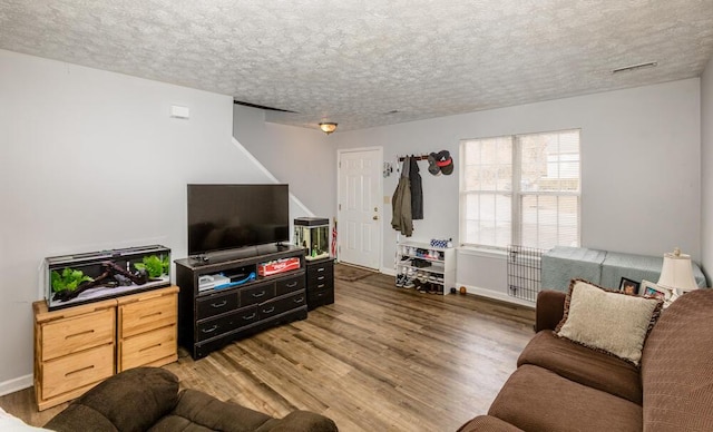 living room featuring hardwood / wood-style floors and a textured ceiling