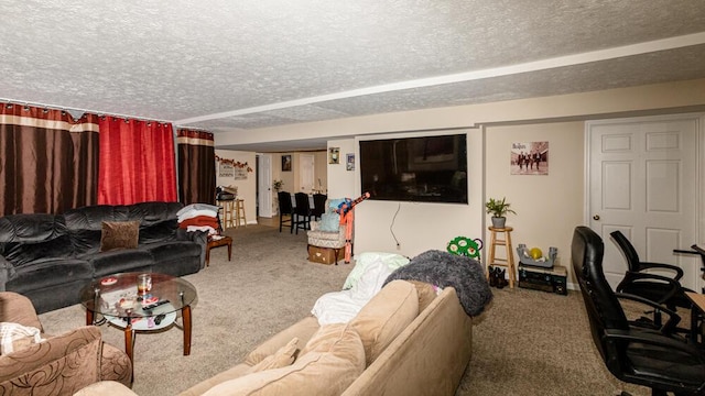 carpeted living room with a textured ceiling