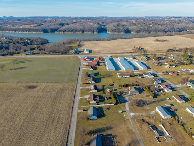 bird's eye view featuring a rural view and a water view