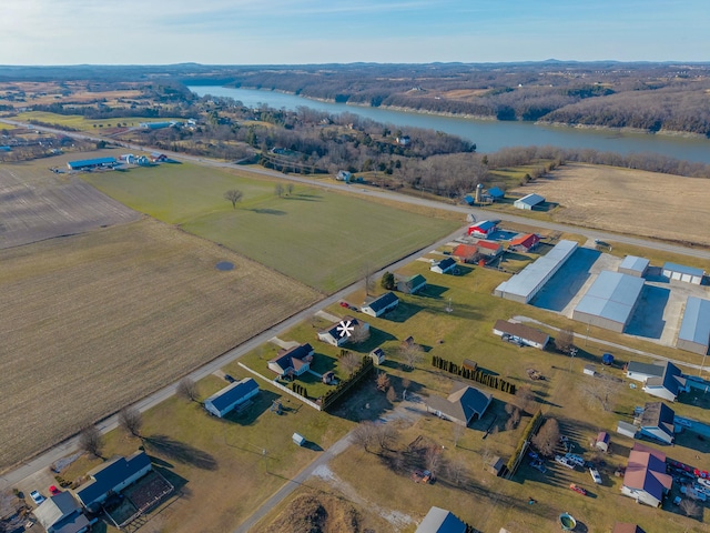 aerial view featuring a rural view and a water view