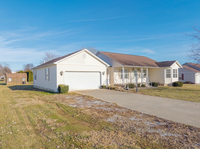 single story home with a garage, covered porch, and a front lawn