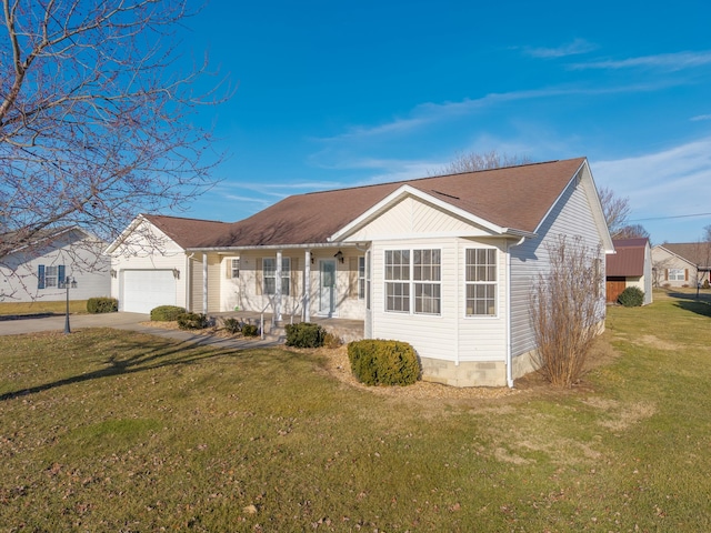 ranch-style house with a garage, covered porch, and a front lawn