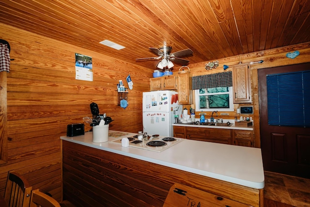 kitchen featuring sink, wooden walls, wood ceiling, and white appliances