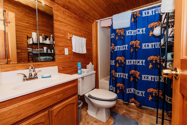 full bathroom featuring shower / tub combo with curtain, wood ceiling, vanity, toilet, and wood walls