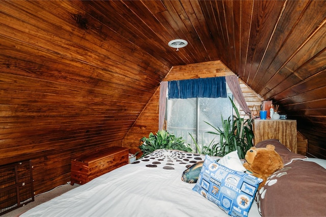 bedroom with vaulted ceiling, wooden ceiling, and wood walls