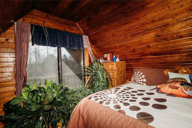 bedroom featuring lofted ceiling, wooden ceiling, and wood walls