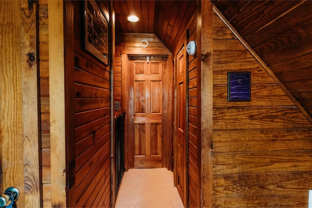 hallway featuring wood ceiling, carpet, and wood walls