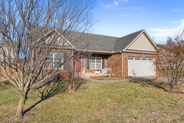 single story home featuring a garage and a front yard