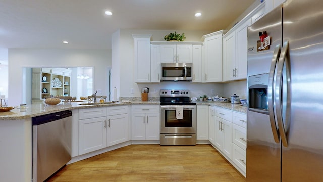 kitchen featuring stainless steel appliances, kitchen peninsula, sink, and white cabinets