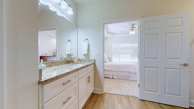 bathroom featuring a raised ceiling, wood-type flooring, vanity, and ceiling fan