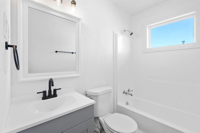 full bathroom with toilet, vanity, and bathtub / shower combination