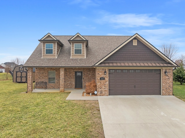 view of front of home with an attached garage, brick siding, a shingled roof, concrete driveway, and a front yard