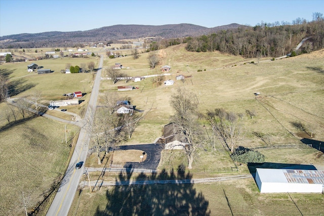 birds eye view of property featuring a mountain view and a rural view