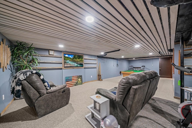 living room featuring pool table and carpet flooring