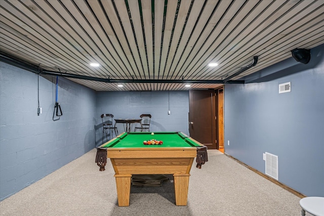 rec room featuring billiards and carpet floors