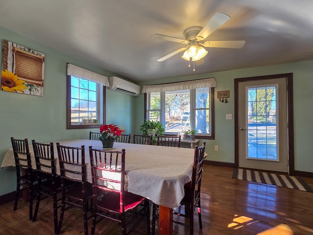 dining area with ceiling fan, a wall mounted air conditioner, and dark hardwood / wood-style flooring