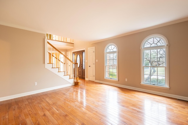 interior space with light hardwood / wood-style flooring, crown molding, and a wealth of natural light