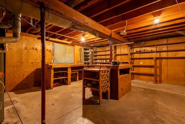 basement with a workshop area