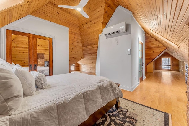 bedroom featuring lofted ceiling, wood ceiling, wooden walls, a wall mounted AC, and wood-type flooring