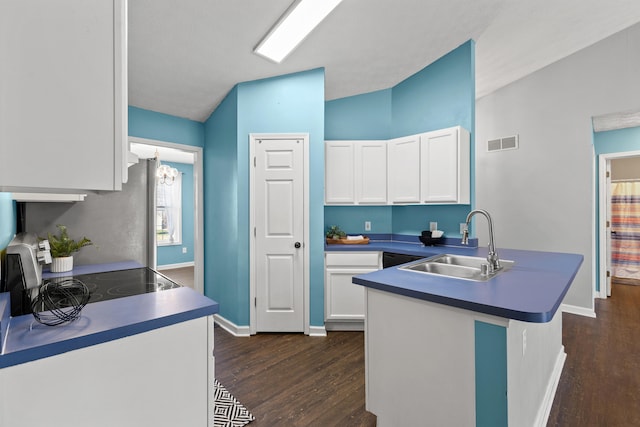 kitchen featuring vaulted ceiling, sink, dark wood-type flooring, and white cabinets