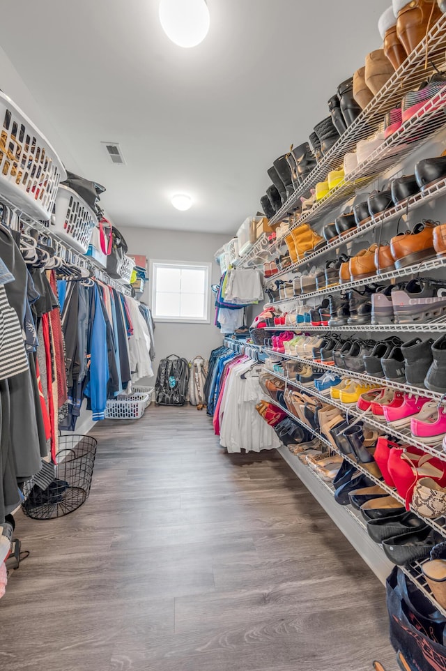 walk in closet with hardwood / wood-style flooring