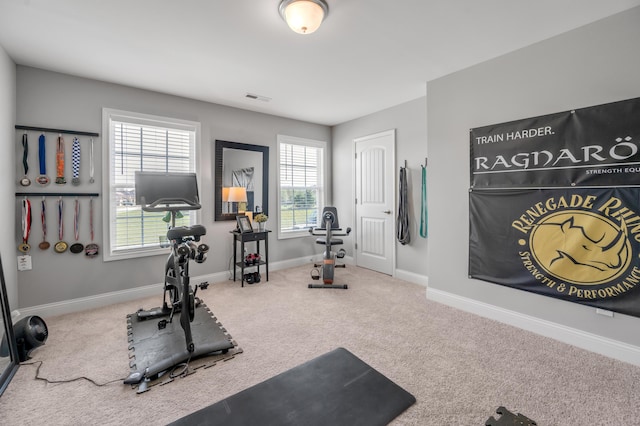 workout area featuring carpet floors