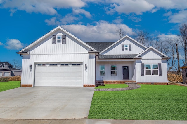 modern farmhouse style home with concrete driveway, crawl space, a front lawn, an attached garage, and a shingled roof