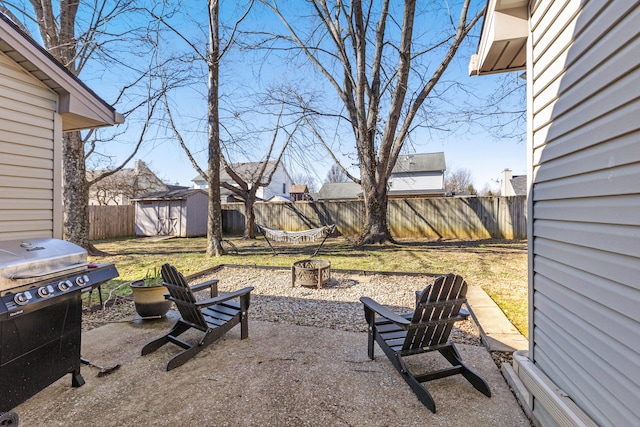 view of yard featuring a storage unit, a patio area, and a fire pit