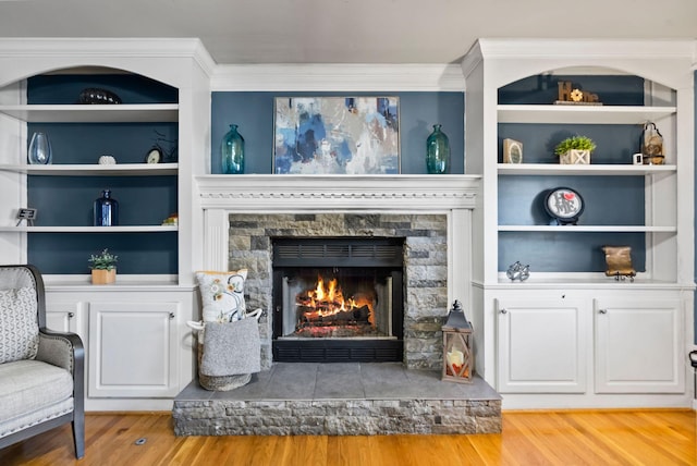 interior space featuring crown molding, a fireplace, and hardwood / wood-style floors